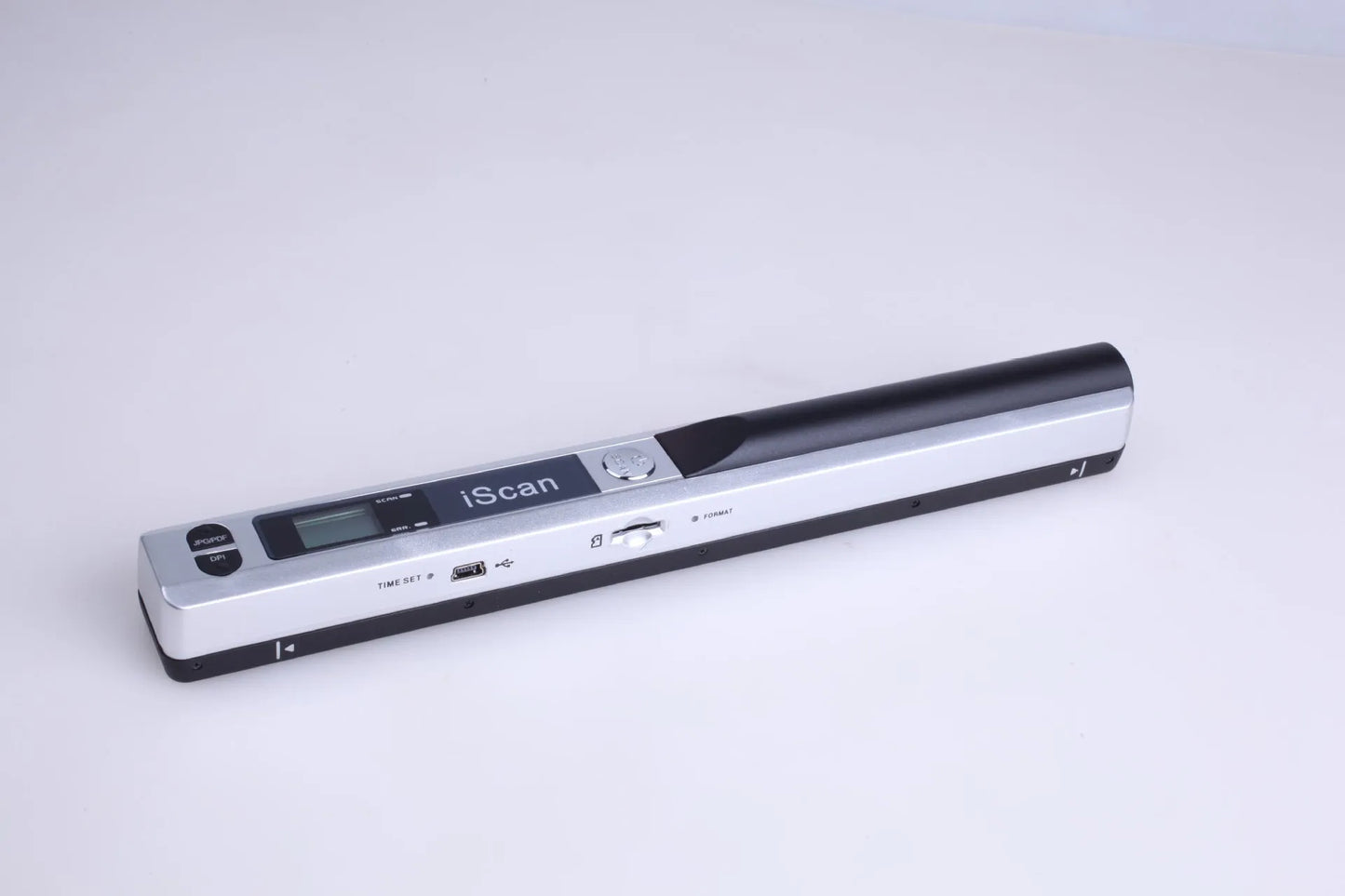 Handheld plastic barcode scanner in five colour options: black, blue, green, red, and silver.