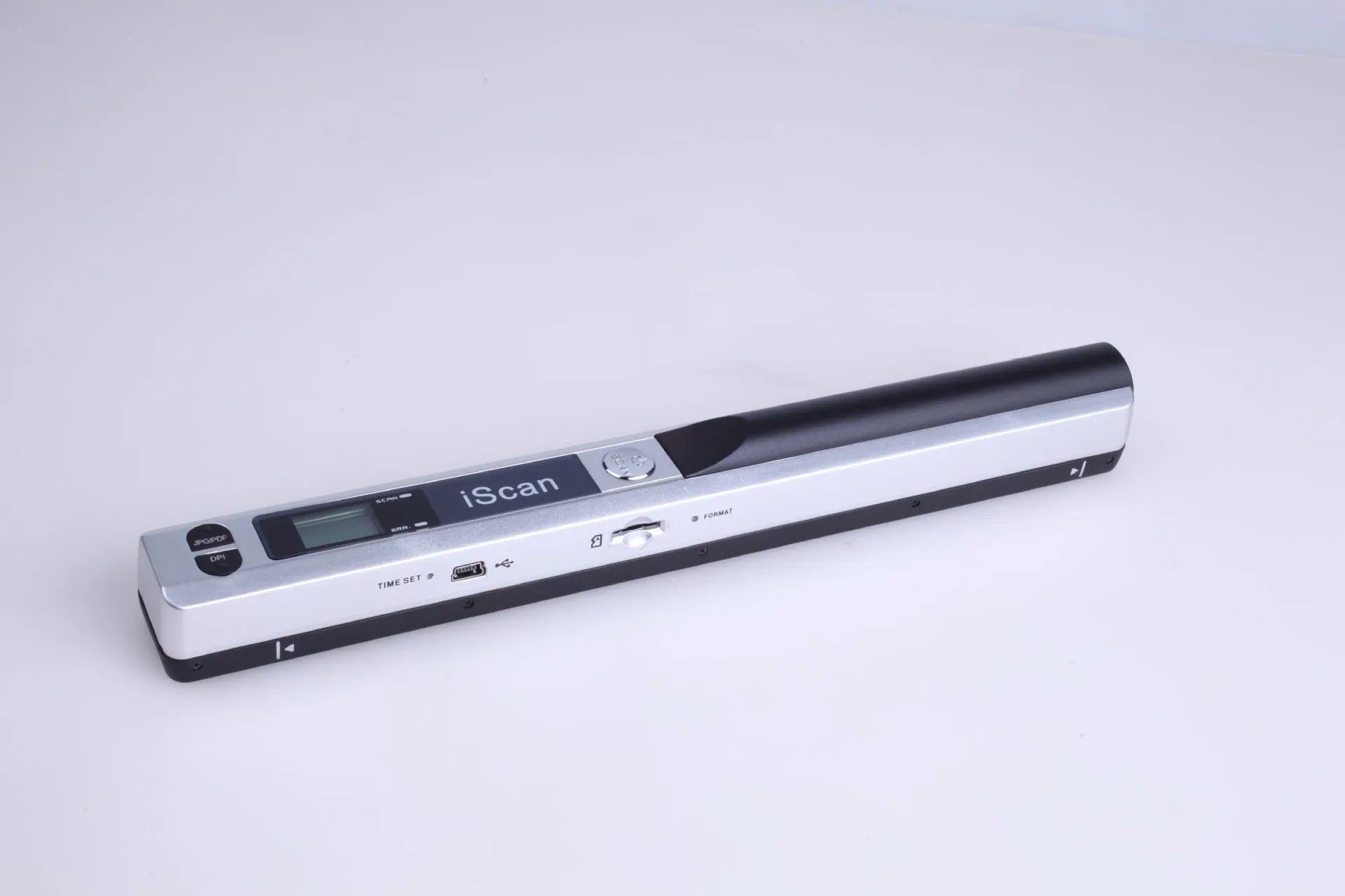 Handheld plastic barcode scanner in five colour options: black, blue, green, red, and silver.