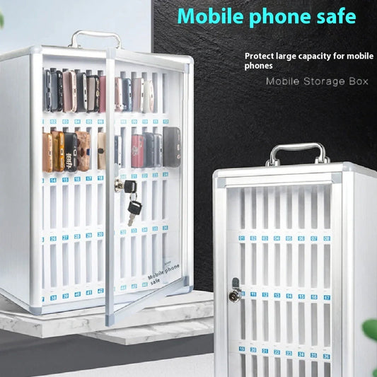 Silver aluminium alloy mobile phone storage cabinet with multiple compartments for device organisation