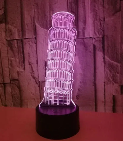 3D Leaning Tower of Pisa acrylic nightlight with colour-changing LEDs on a black base
