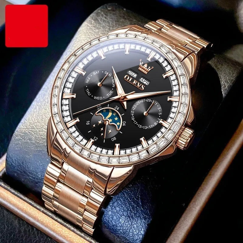 Men's automatic mechanical watch with diamond dial, stainless steel case, and transparent back showing movement