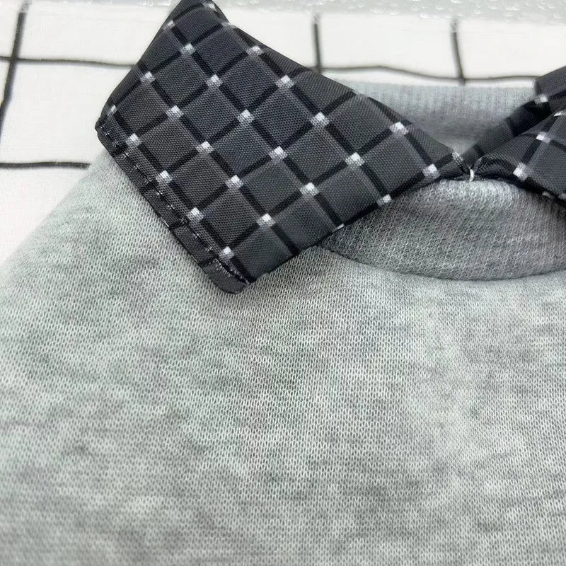 Dog jumper with detachable collar hoodie in polyester velvet fabric, available in beige, dark grey and melange grey colour options, designed as thin two-piece apparel for pets with sizes XS to XL covering small to large dog breeds