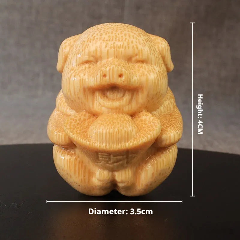 Fulu pig solid bamboo carving ornament showing 4cm height and 3.5cm diameter ingot pigskin design