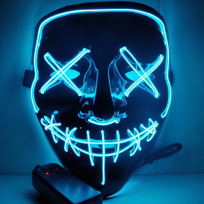 Black V-shaped electroluminescent Halloween mask glowing with uniform illumination, showing folding capability and plastic construction