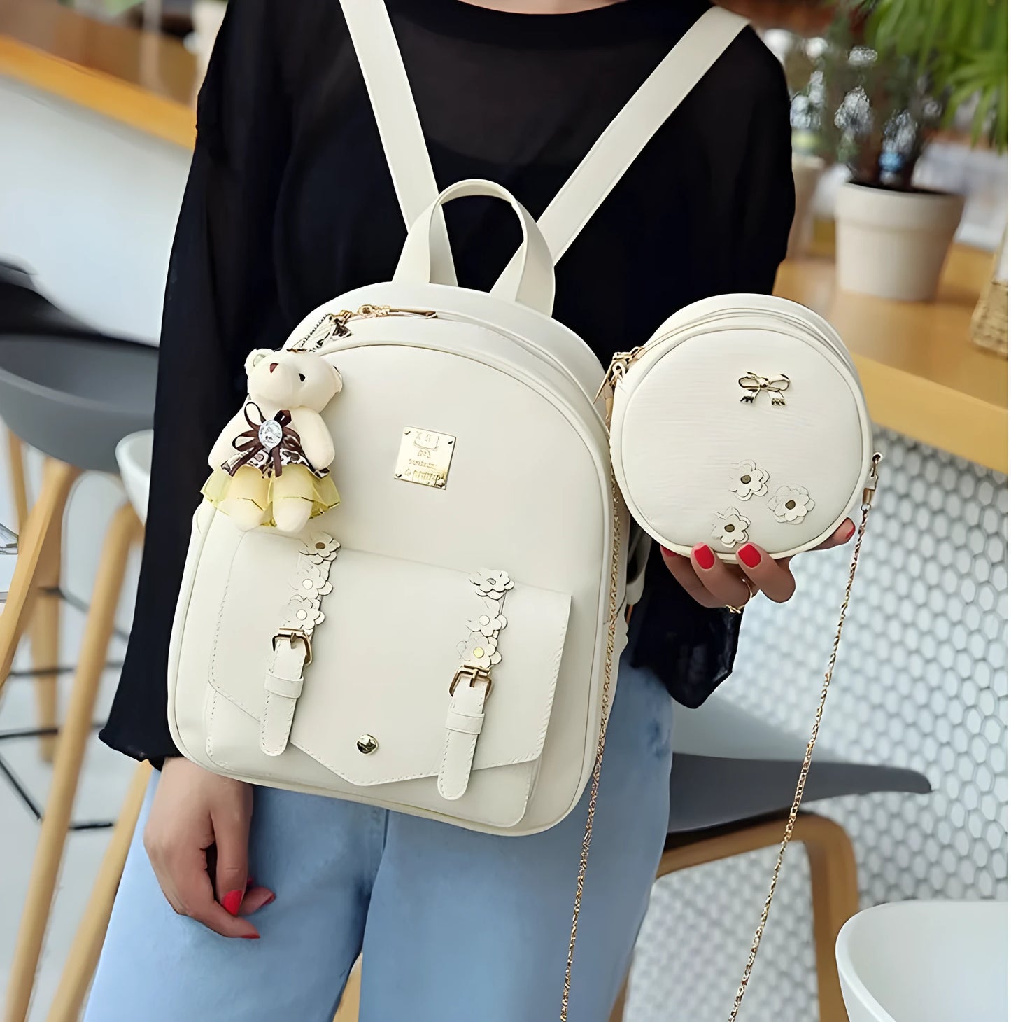Women's PU leather 3-piece bag set showing backpack, shoulder bag, and card purse in a choice of colours.
