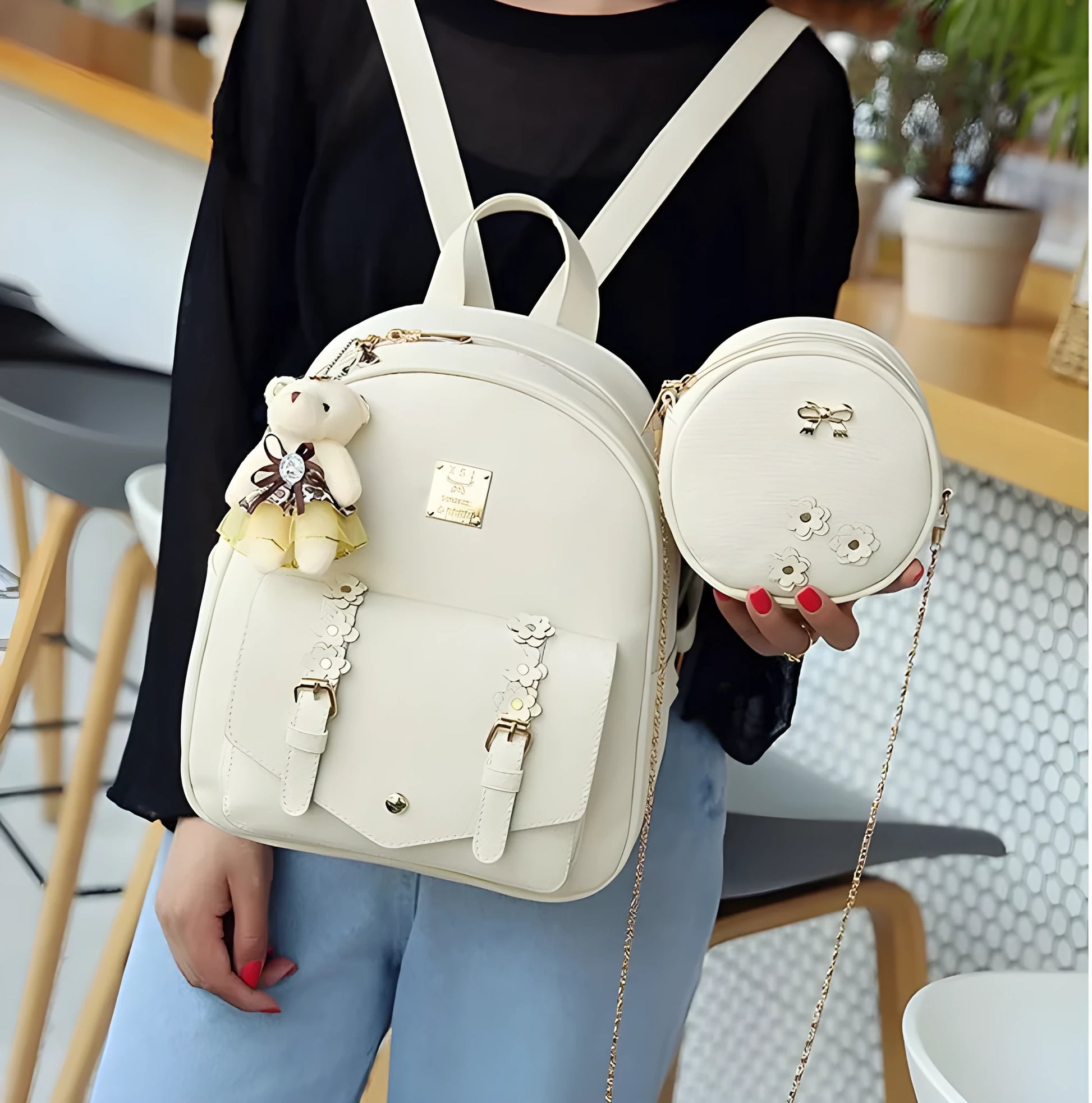 Women's PU leather 3-piece bag set showing backpack, shoulder bag, and card purse in a choice of colours.