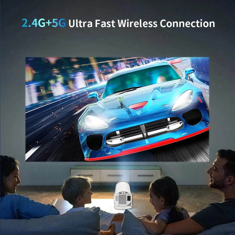 White Barrel X10 PLUS portable smart projector with gamepad and remote control on a table