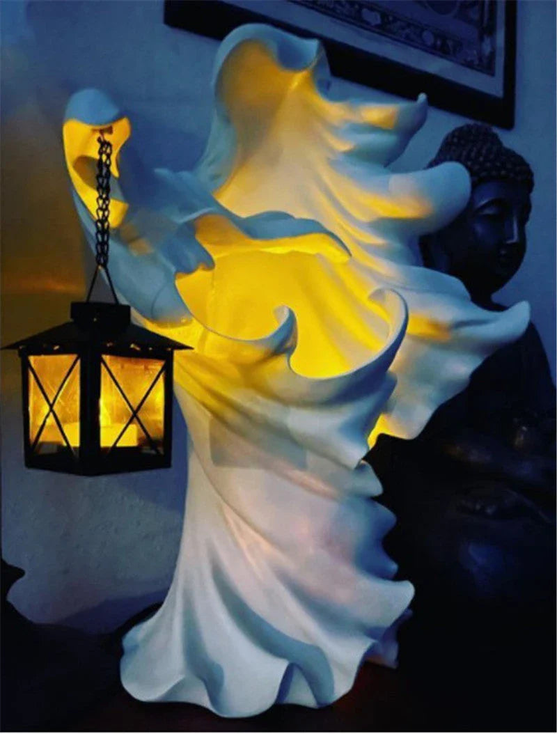 Faceless ghost sculpture in resin, a unique Halloween decoration with a spooky, supernatural design