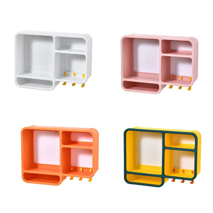 White wall-mounted cosmetics storage shelf measuring 36.2x27.2cm with dust-proof design