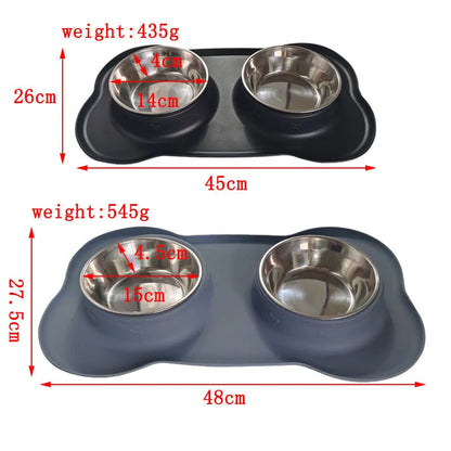 Large silver grey silicone dual compartment dog bowl with stainless steel base for separating food types