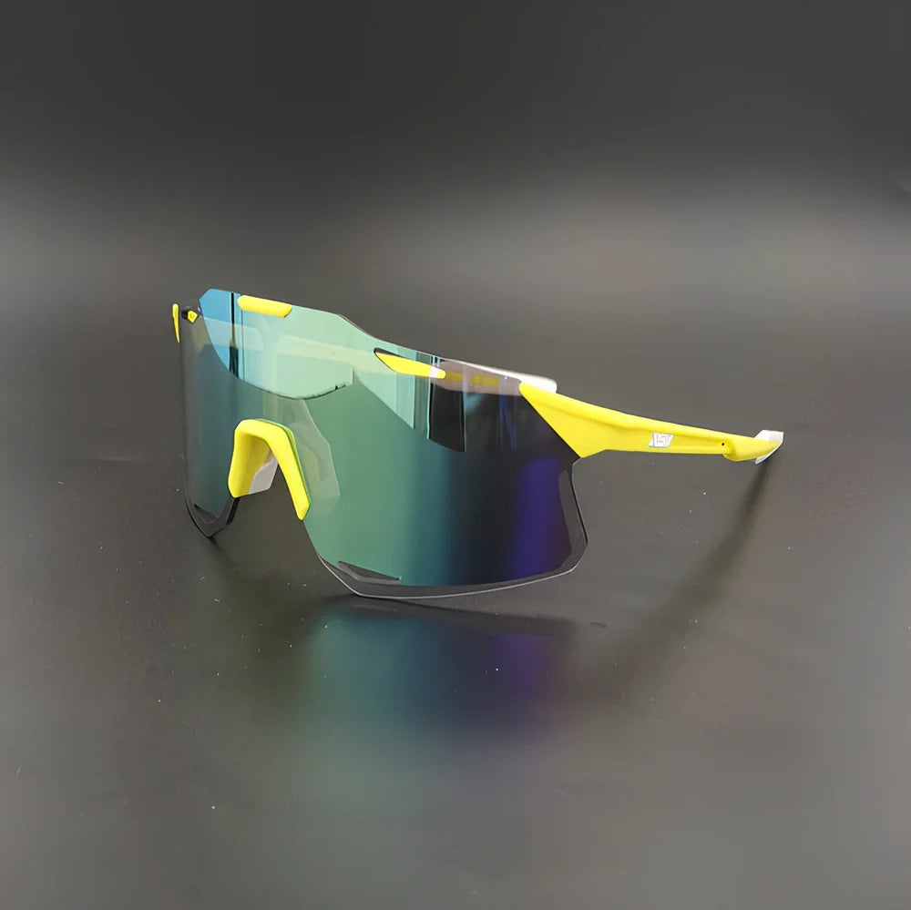 Cycling glasses with interchangeable lenses showing UV400 protection and lightweight frame design