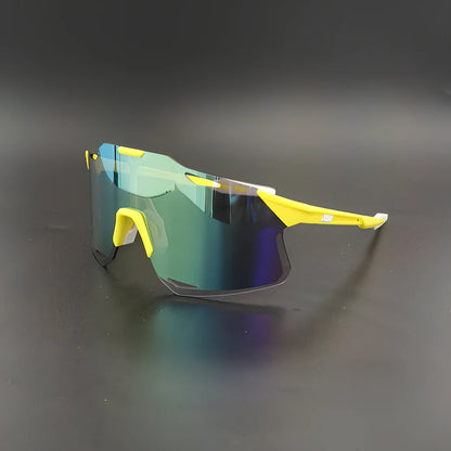 Cycling glasses with interchangeable lenses showing UV400 protection and lightweight frame design