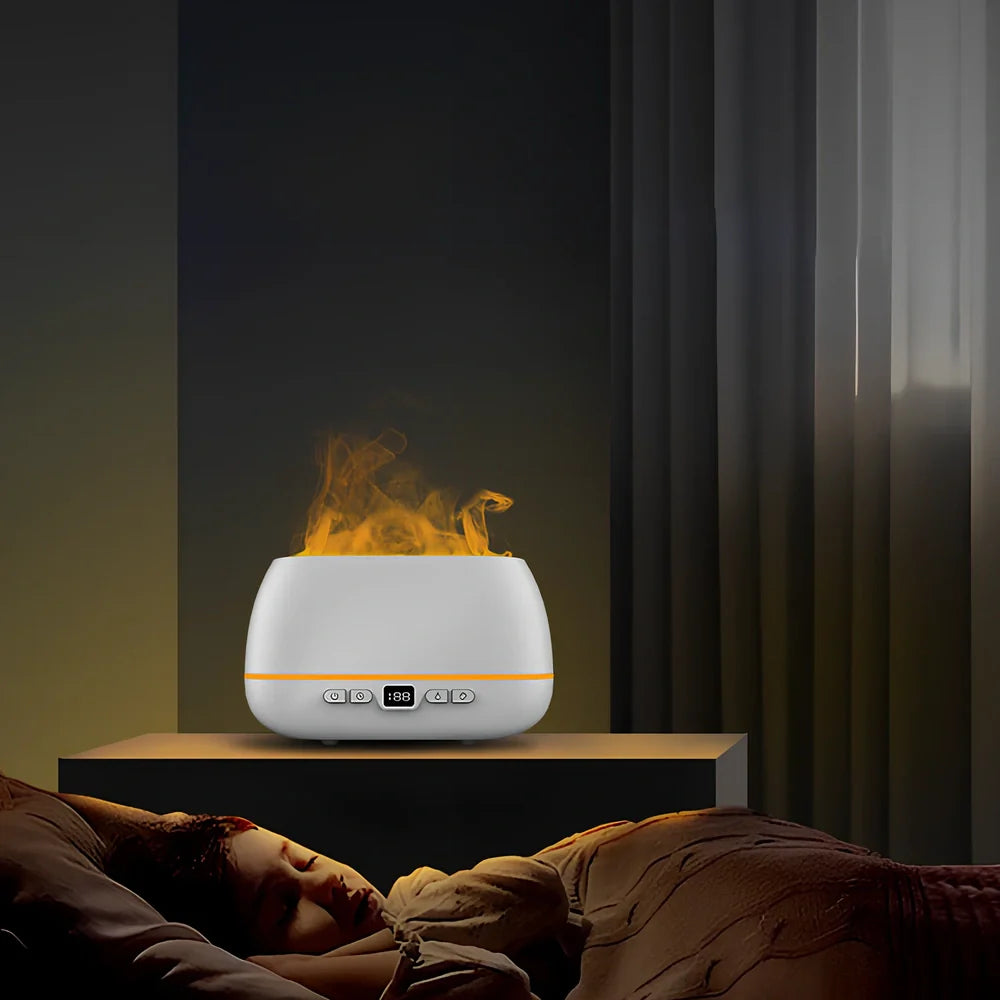 White 3D flame humidifier with 200ml tank, measuring 226mm by 127mm by 87mm, showing colourful flame effect lighting