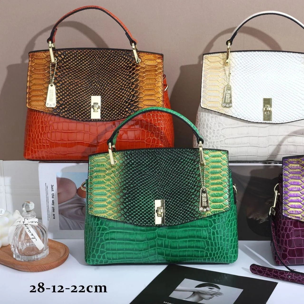 Women's colourful crocodile pattern crossbody handbag with snake print in horizontal square shape