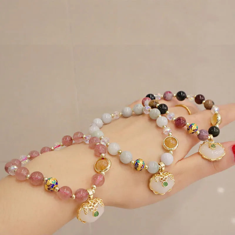 Strawberry Quartz Bracez or Gray Jade Bracelet women's ethnic style geometric bangle with three-dimensional metal charm detail and tribal design for casual wear and cultural accessory jewellery