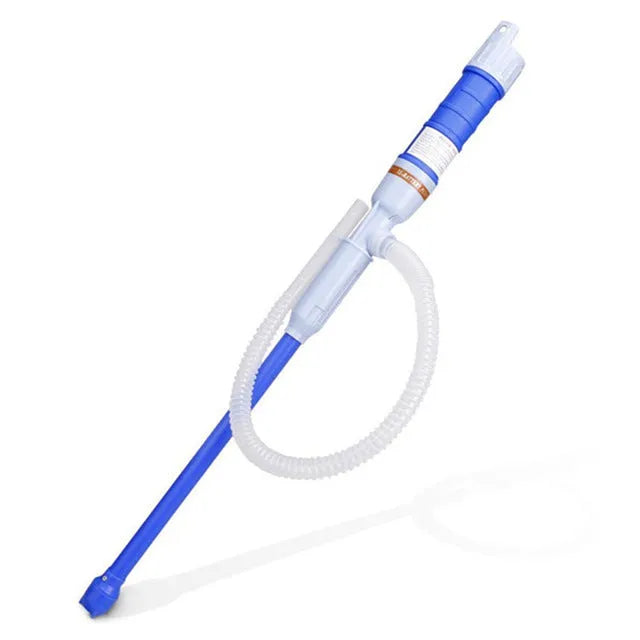 Blue and red manual siphon hand pump for fuel and oil transfer.