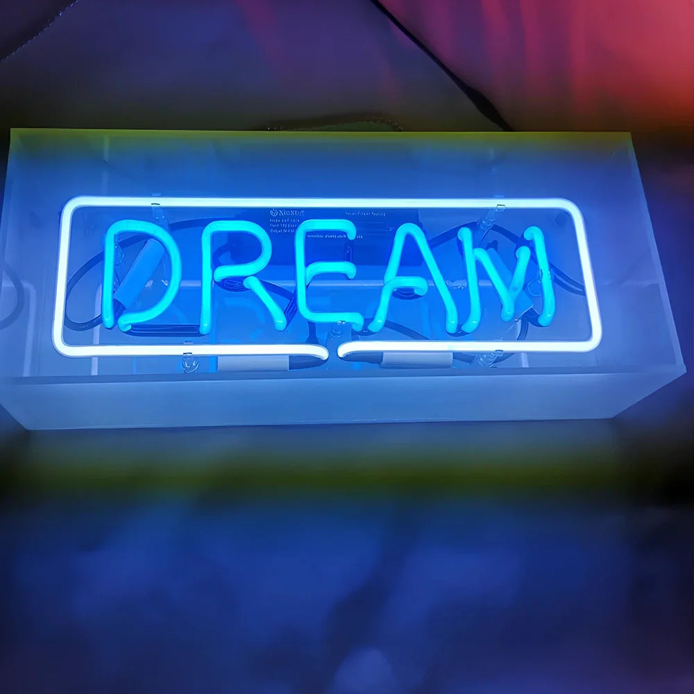 Custom neon sign light box with acrylic shell and manually bent tubes in multiple colour options