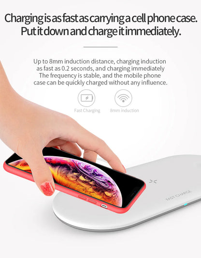 Black and white three-in-one desktop wireless charger for Apple iPhone, Watch, and headphones.