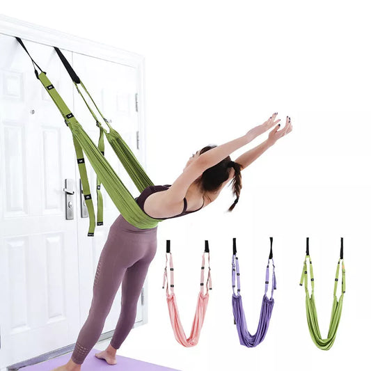 Adjustable yoga stretch belt in pink, green, or purple for full body workouts