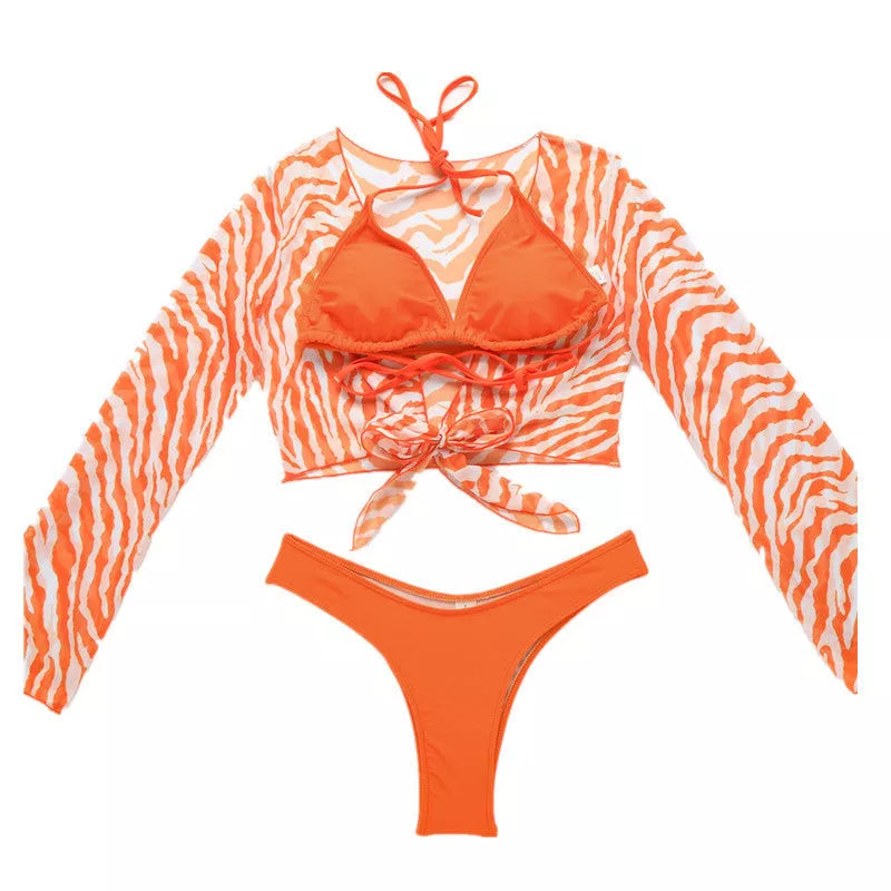 Women's spandex bikini swimwear in red, orange, and stone pattern