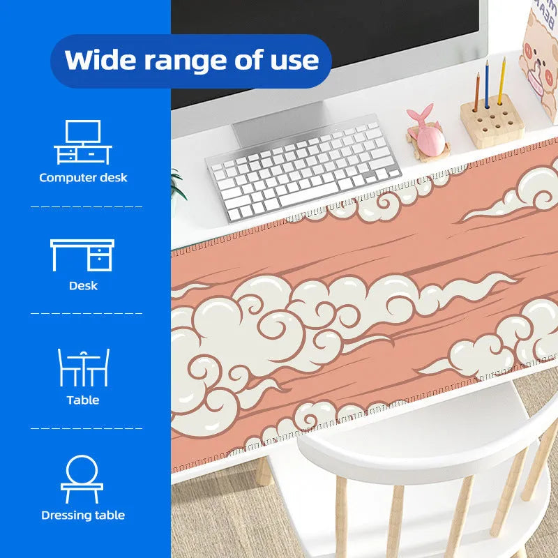 Large office table mat and cloud mouse pad with non-slip natural rubber base, available in 300mm, 400mm width and 600mm, 700mm, 800mm, 900mm length sizes at 2mm or 3mm thickness, Japanese style simple desk mat for esports and graphic customisation