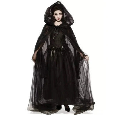 Maleficent-inspired Halloween costume featuring an elegant dress and dramatic cape design