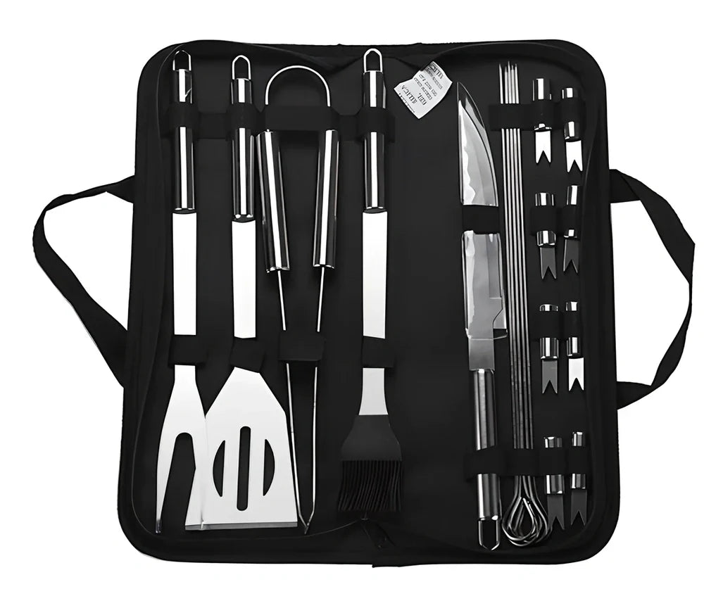 10-piece stainless steel BBQ tool set with shovel, knife, clip, strings, fork, brush in storage bag