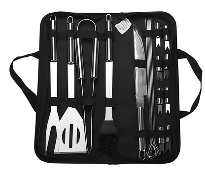 10-piece stainless steel BBQ tool set with shovel, knife, clip, strings, fork, brush in storage bag