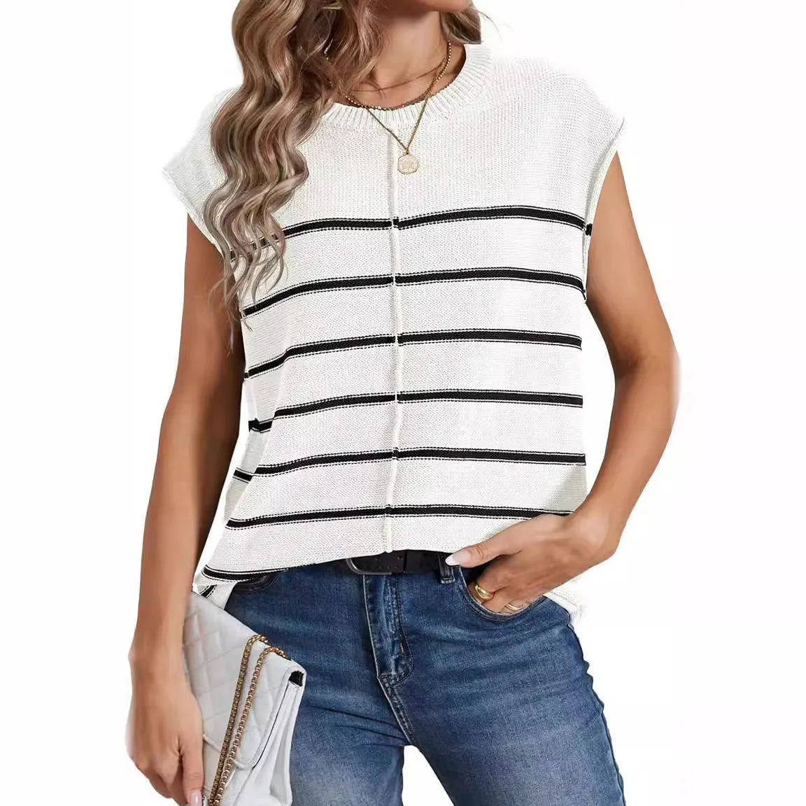 Women's striped sleeveless pullover top with bone stitching details in acrylic fabric, showing colour options and fit