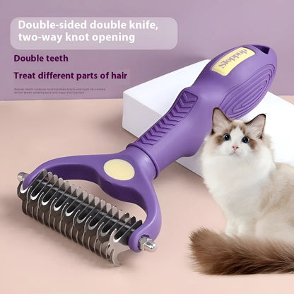 Purple plastic double-sided pet comb for removing knots and tangles from dog and cat fur