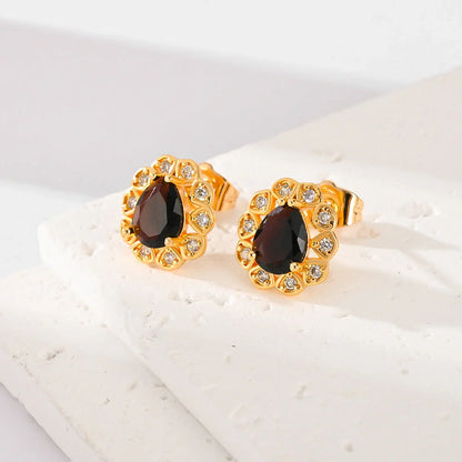 Multi-color zircon stud earrings for women in black, red, green, white, blue, and champagne