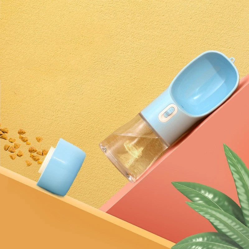 Portable pet water bottle and feeding bowl made of durable, BPA-free plastic with a leak-proof design and large opening for easy drinking and refilling