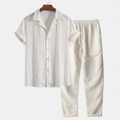 Slim-fit casual suit with digital camouflage print, short-sleeved lapel shirt, and matching trousers for leisure wear