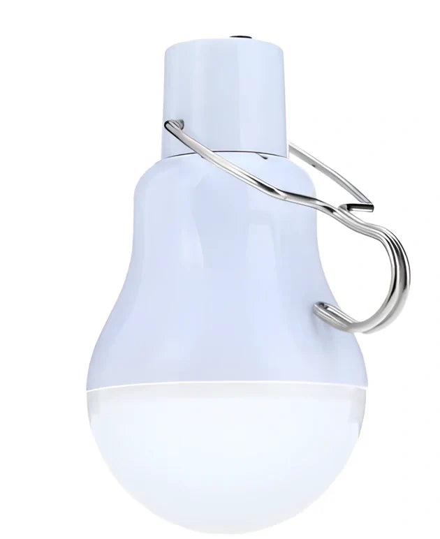 Solar LED bulb with 12cm polycarbonate housing and 8cm solar panel for outdoor lighting