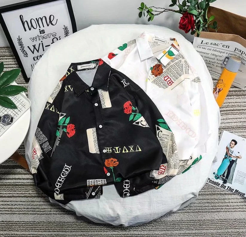 Loose Long Sleeve Tide Brand Shirt in black and white, made from 100% polyester fiber