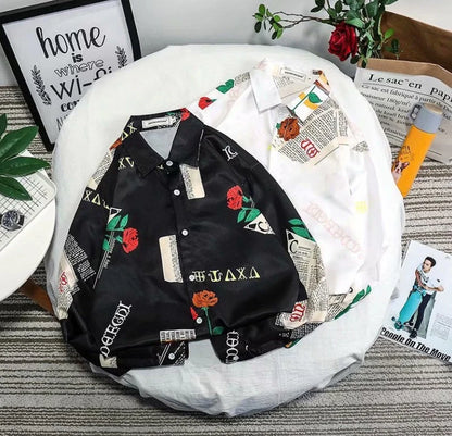 Loose Long Sleeve Tide Brand Shirt in black and white, made from 100% polyester fiber