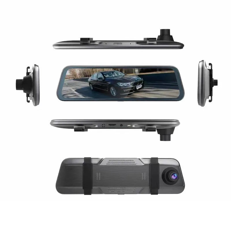 Black 10-inch touchscreen car driving recorder integrated into a rearview mirror design