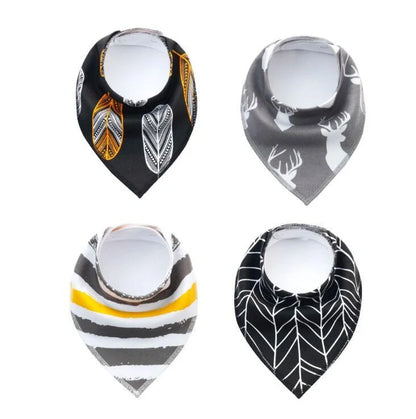 Stylish baby bibs and burp cloths featuring trendy arrow, wave, and triangle designs in soft, absorbent cotton