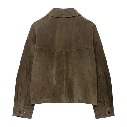 Women's picture colour PU jacket coat in a Japanese Korean casual style, shown on a hanger.