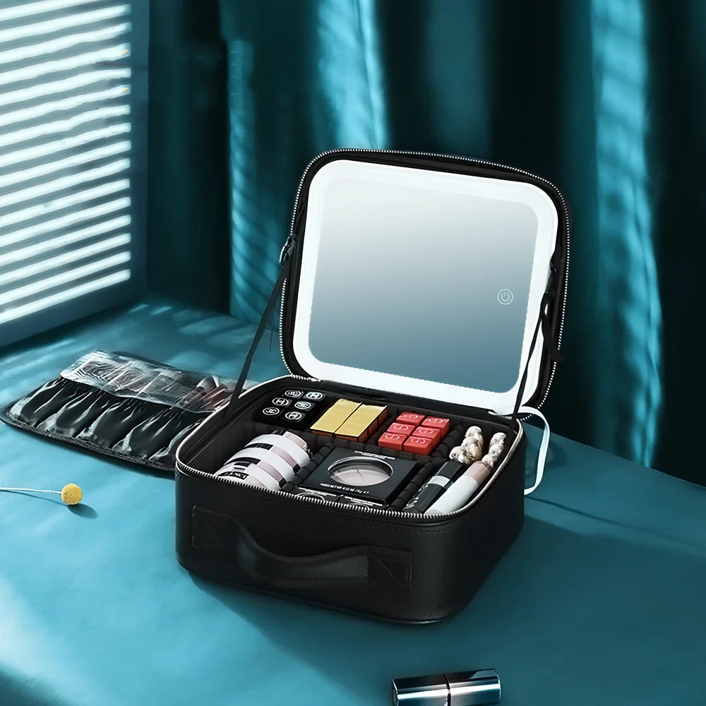 26x23x11cm cosmetics storage bag with LED mirror light in polyurethane leather