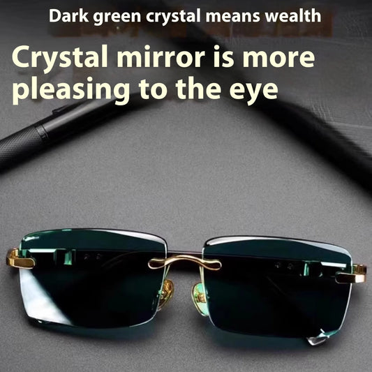 Dark green frameless crystal glasses with sunshade lenses, case, and cloth