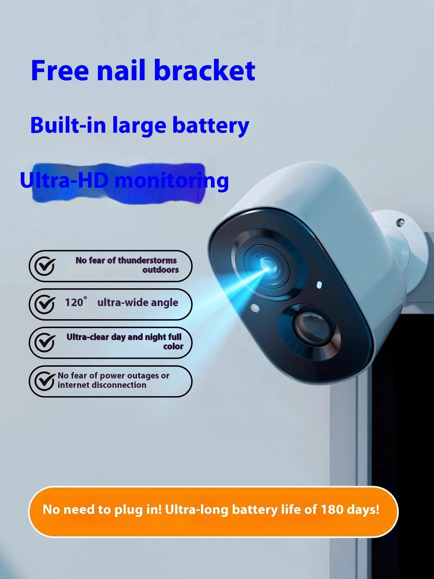 White wireless indoor security camera with built-in bracket on a shelf.