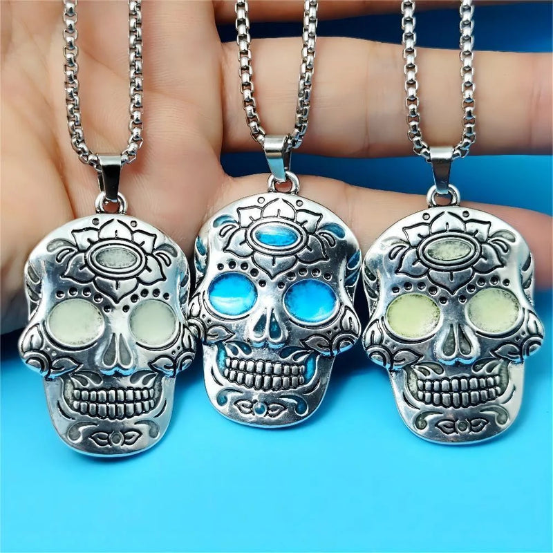 Hhomeenjoy Glowing Halloween Skull Necklace with Day of the Dead Lotus Design