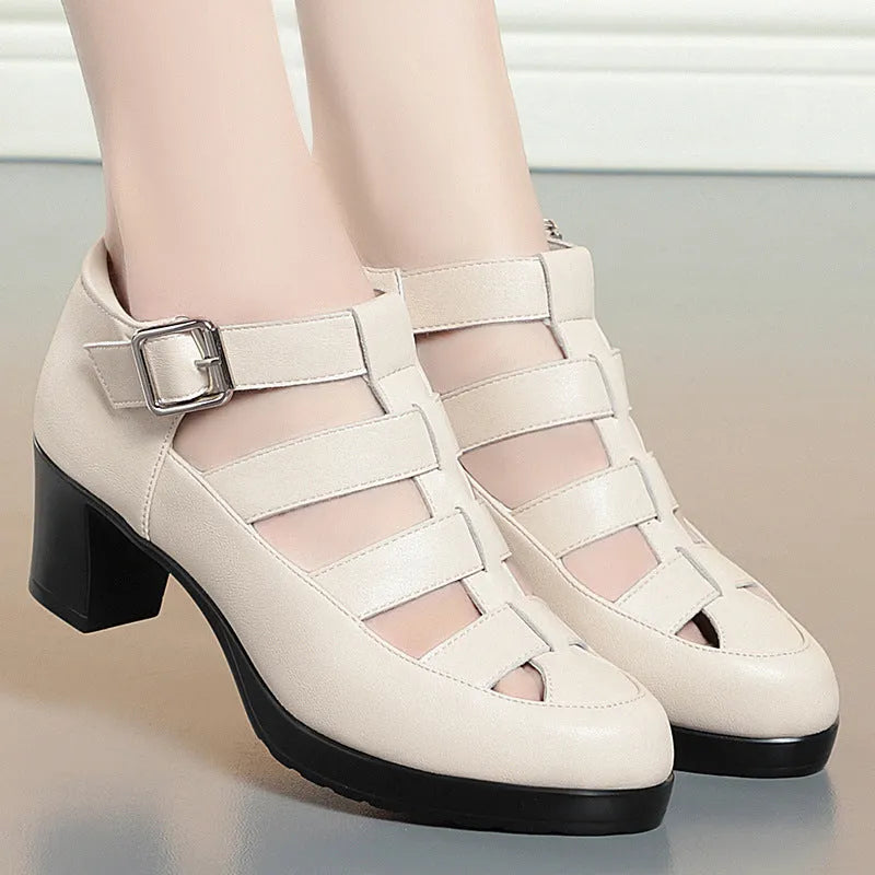 Women's closed toe sandals with chunky heel, woven hollowed pattern and ankle-strap buckle in beige colour