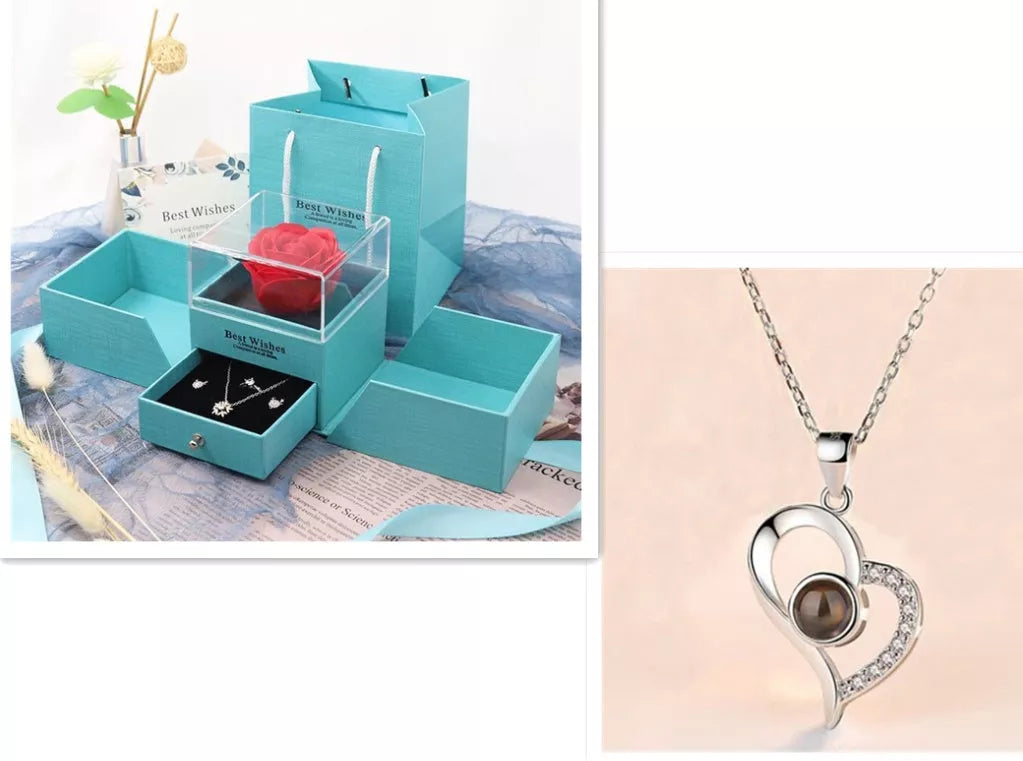 Valentine's Day metal rose jewelry gift box necklace with adjustable crystal design