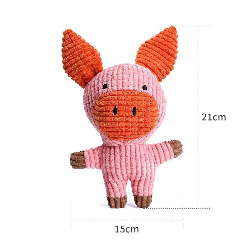 Animal shaped plush dog chew toy with squeaker in bright colours