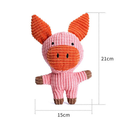 Animal shaped plush dog chew toy with squeaker in bright colours