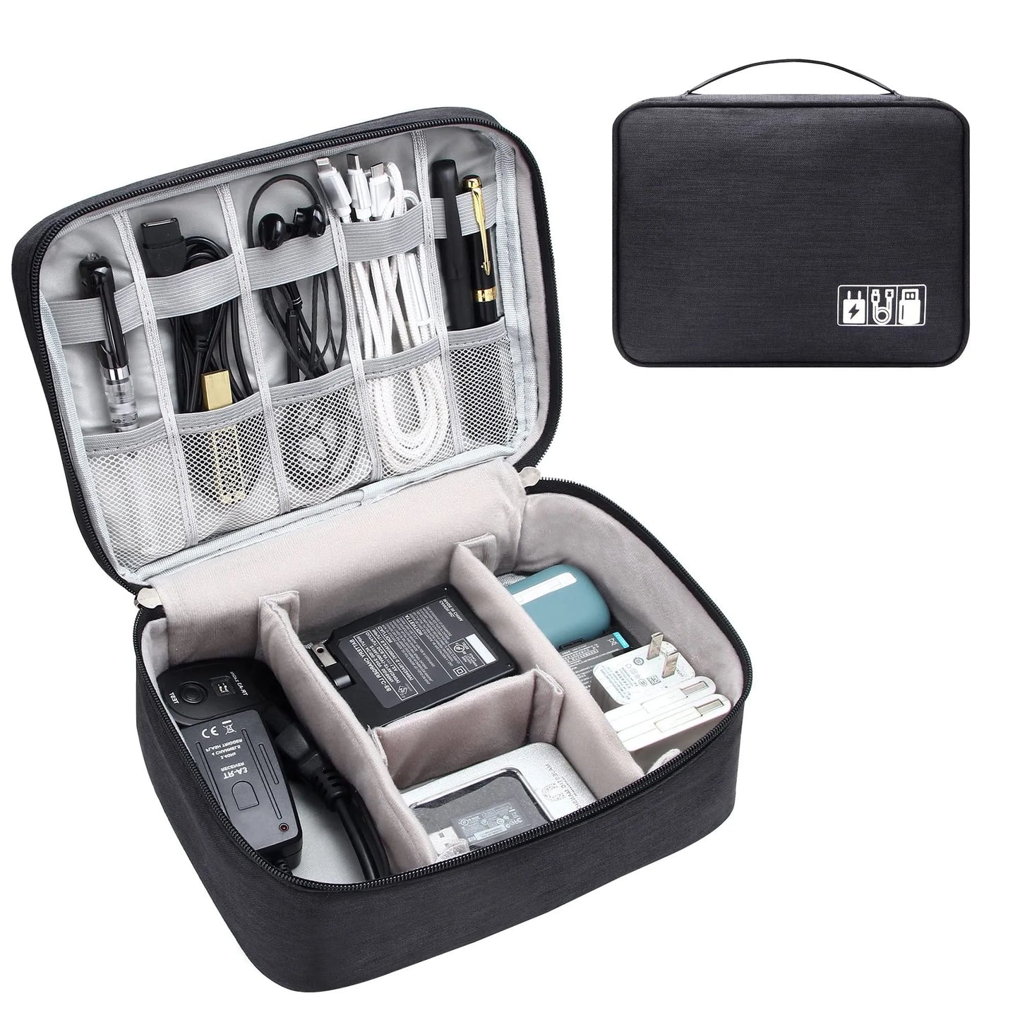 Black travel cable organiser bag open, showing mesh pockets, elastic loops, and removable padded dividers inside.