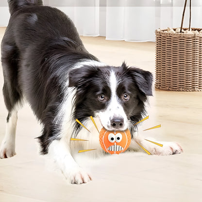Green, orange, and yellow latex dog balls with smile face designs for chewing and play