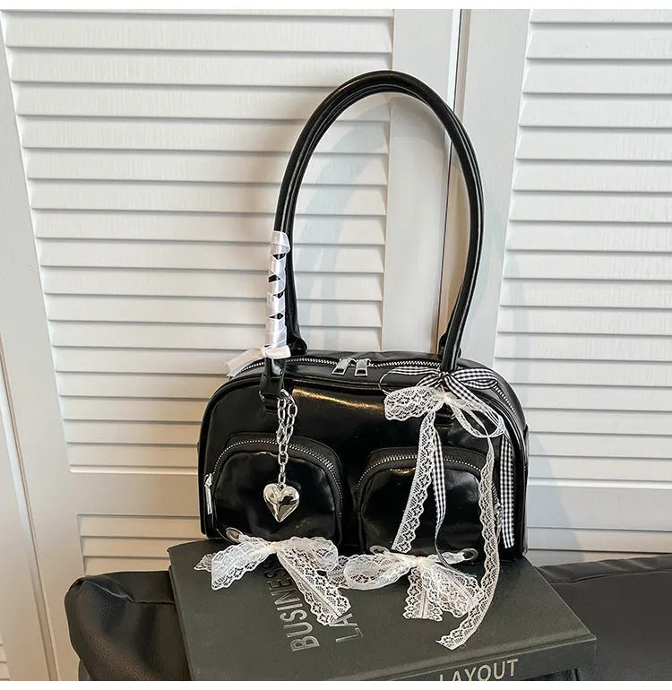 Soft PU casual shoulder bag in horizontal square shape with double straps and phone pocket